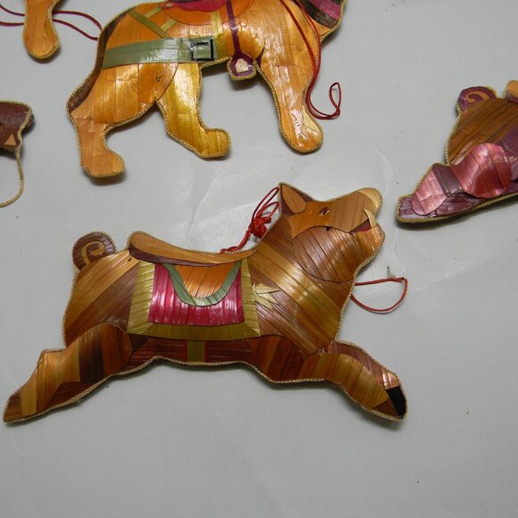 Vintage Wood Strip Christmas Ornaments Folk Art Tigers Lions Set of 7 RARE - Picture 2 of 4